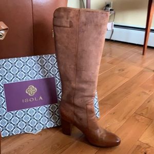 Cork color leather knee high boots. Isola brand Calla. 8 M with a 3” heel.